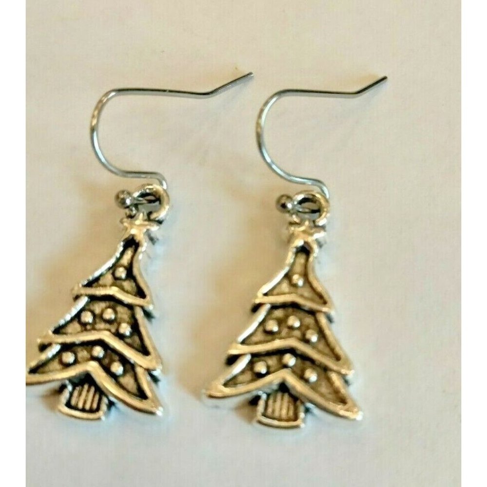 Christmas Tree Earrings Dangle  Silver Color